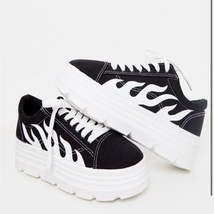 Black Platform Low Top Shoes with White Flames Sneakers